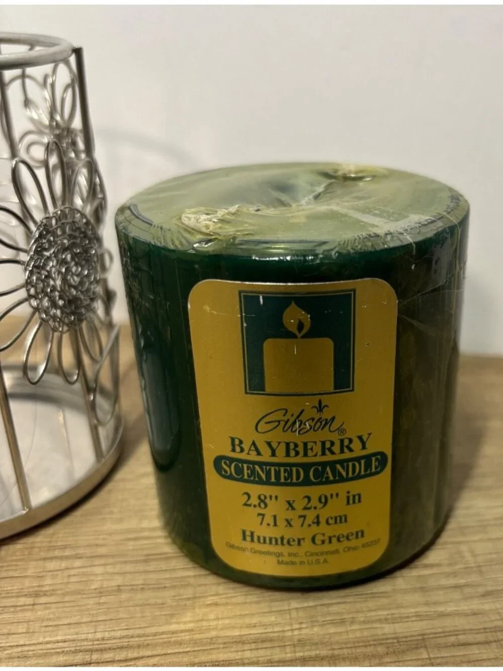 Gibson Bayberry Scented Candle Hunter Green With Silver Floral Candle Holder USA